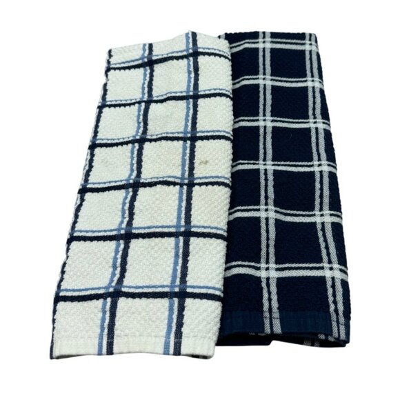 Plaid Kitchen Dish Towels Set Of 2 - Navy Blue & White Cotton Polyester READ - Picture 1 of 9